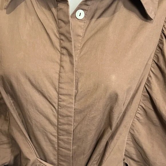 Size M Reminiscene Brown Puffy Sleeve Tie Waist Shirt Dress - Picture 5 of 16